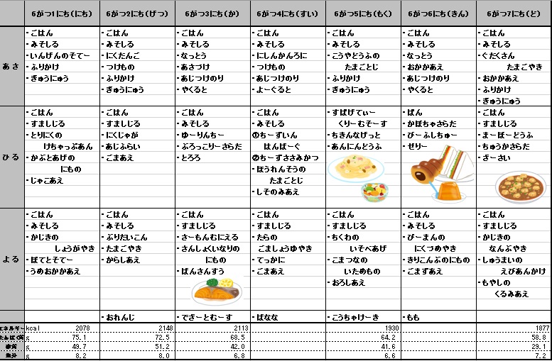 愛の森学園の献立（6月1日~6月7日）