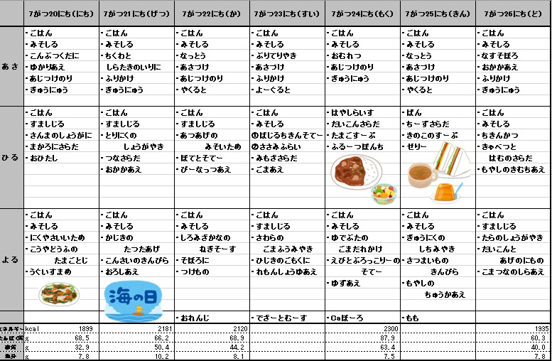 愛の森学園の献立（7月20日~7月26日）