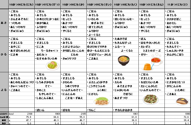 愛の森学園の献立(10月26日~11月1日)