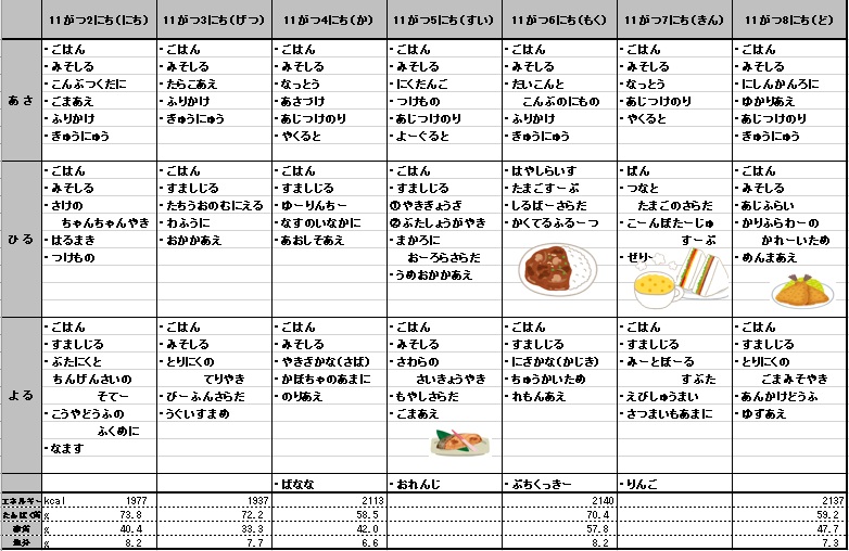 愛の森学園の献立（11月2日~11月8日）