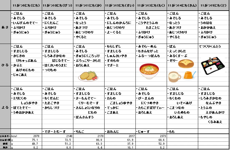 愛の森学園の献立（11月9日~11月15日）