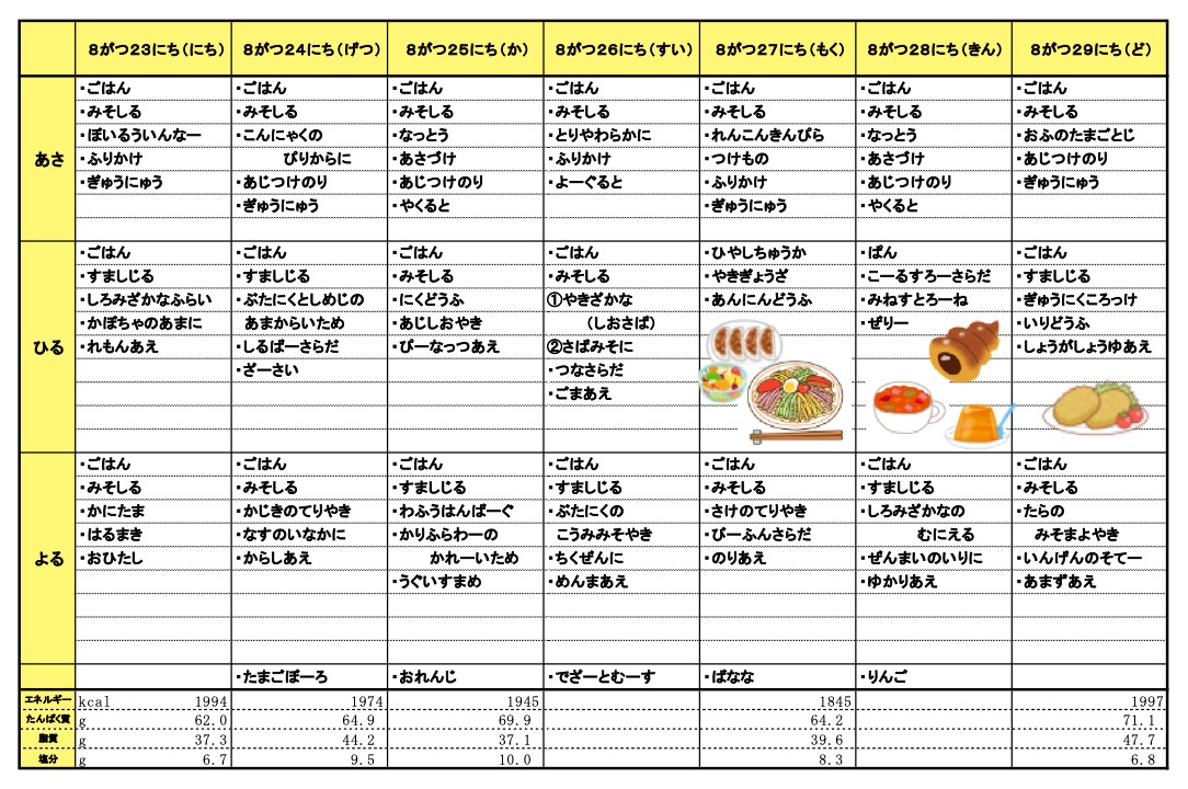 愛の森学園の献立(8月23日~8月29日)