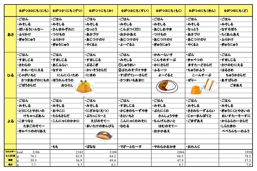 愛の森学園の献立（8月30日~9月5日）