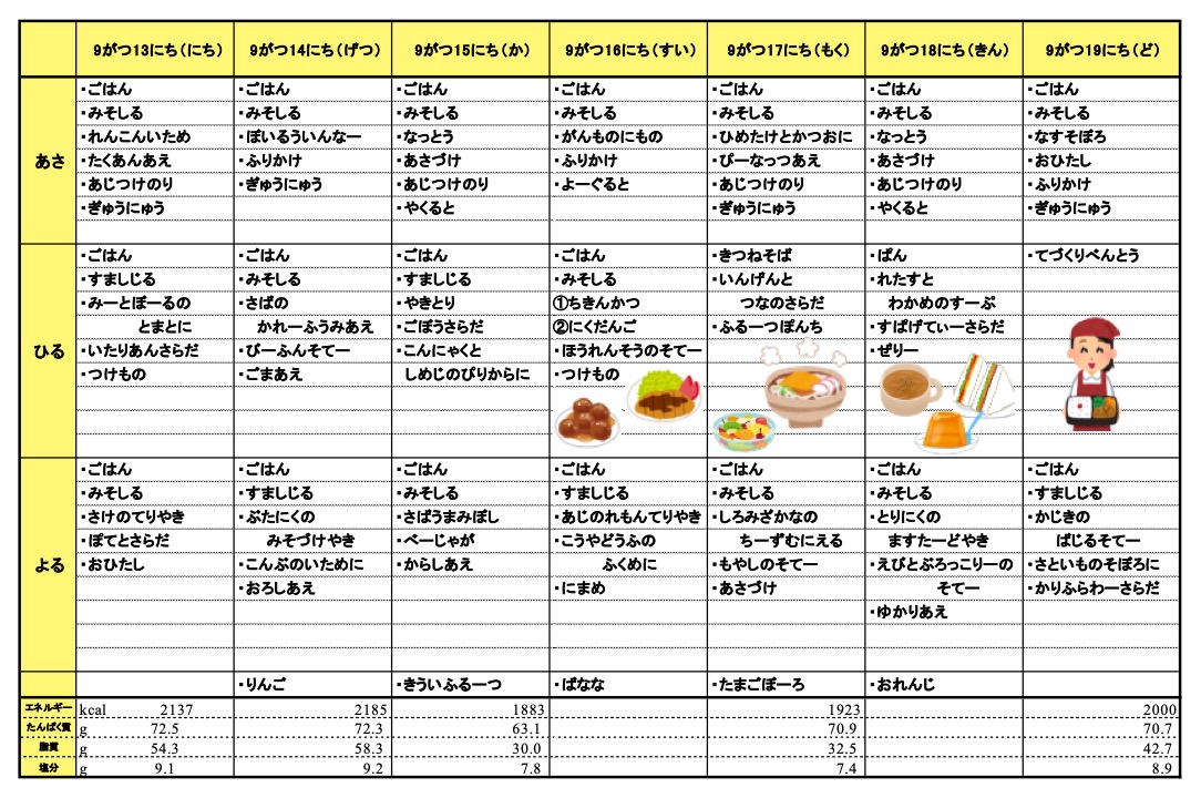 愛の森学園の献立（9月13日~9月19日）