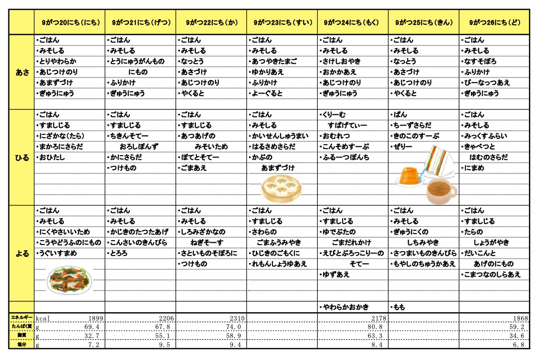 愛の森学園の献立(9月20日~9月26日)