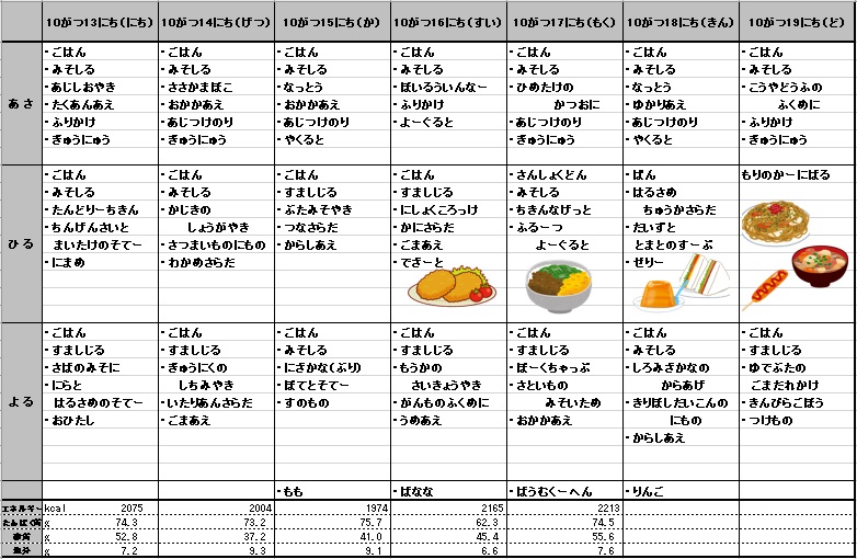 愛の森学園の献立（１０月１３日～１０月１９日）