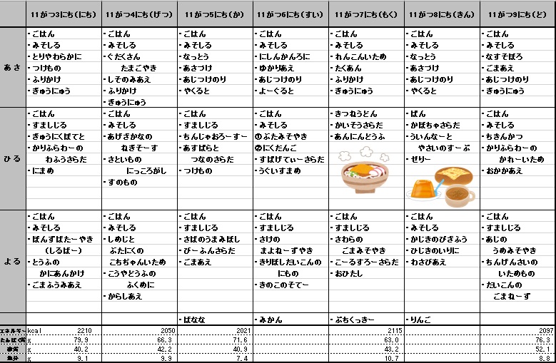 愛の森学園の献立（11月3日～11月9日）