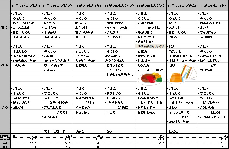 愛の森学園の献立（11月17日~11月23日）