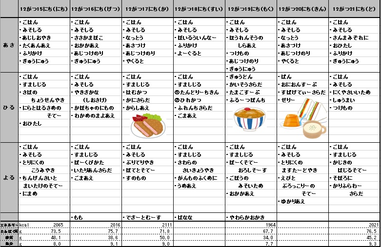 愛の森学園の献立（12月15日~12月21日）