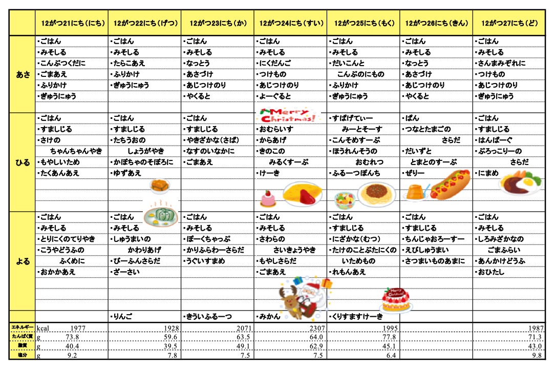 愛の森学園の献立（12月21日~12月27日）