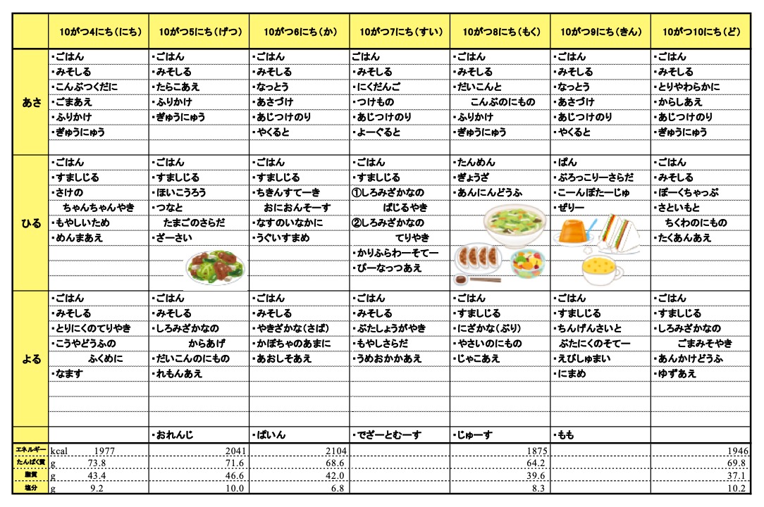 愛の森学園の献立（10月4日~10月10日）