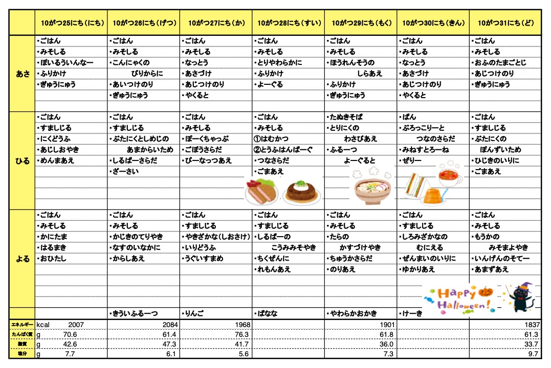 愛の森学園の献立（10月25日~10月31日）